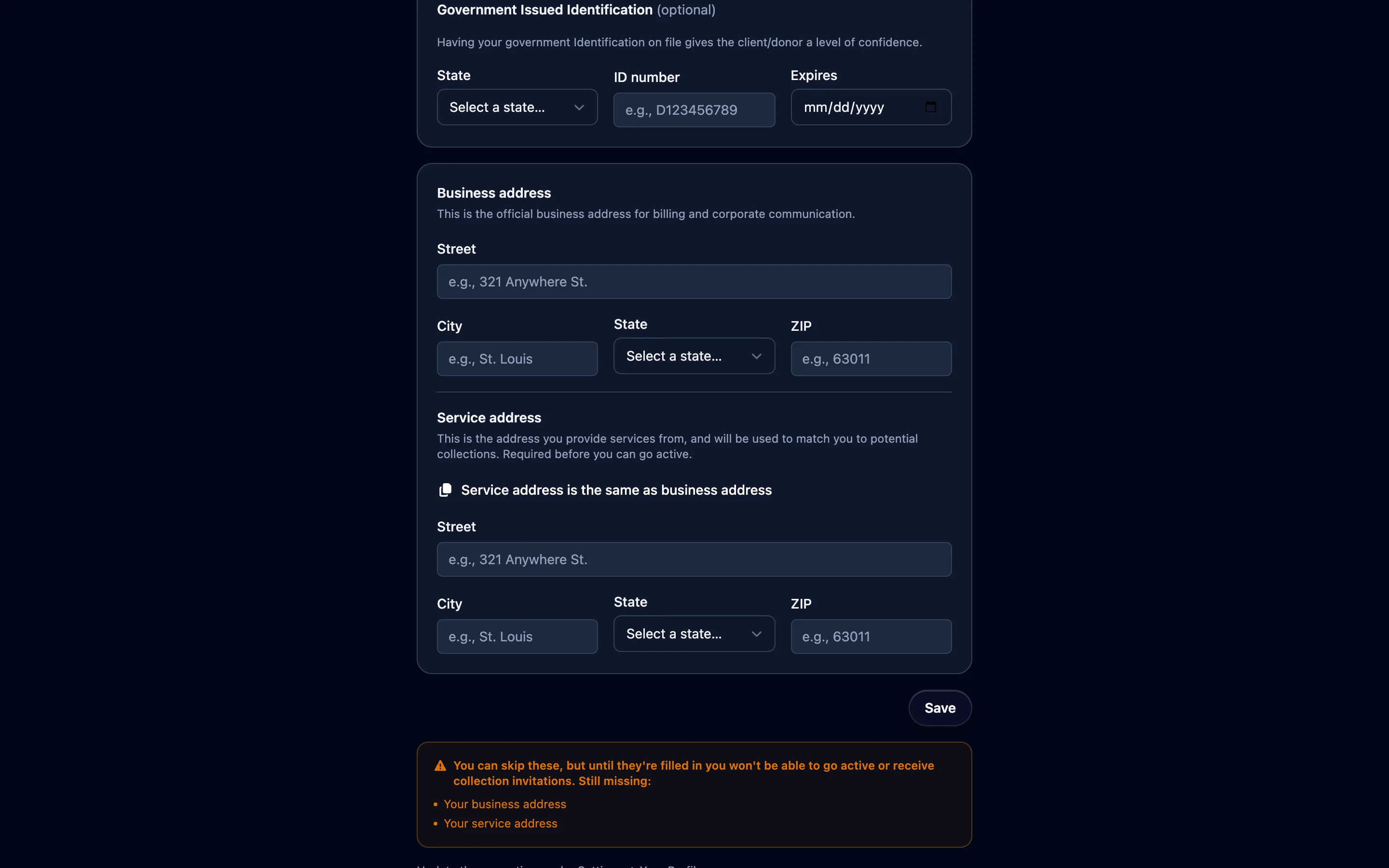 Enter your ID and your two addresses, then click Save