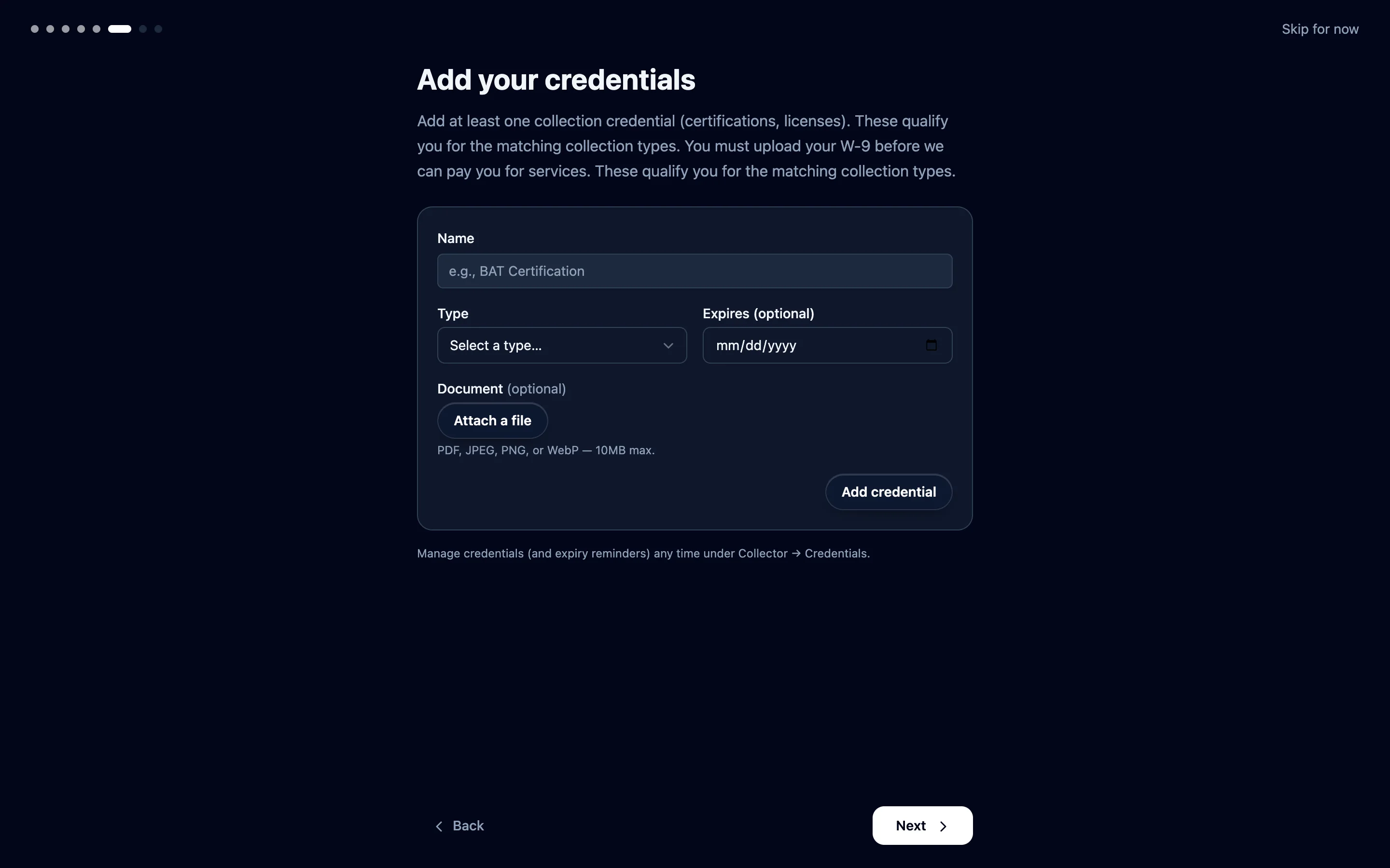Add each credential you hold