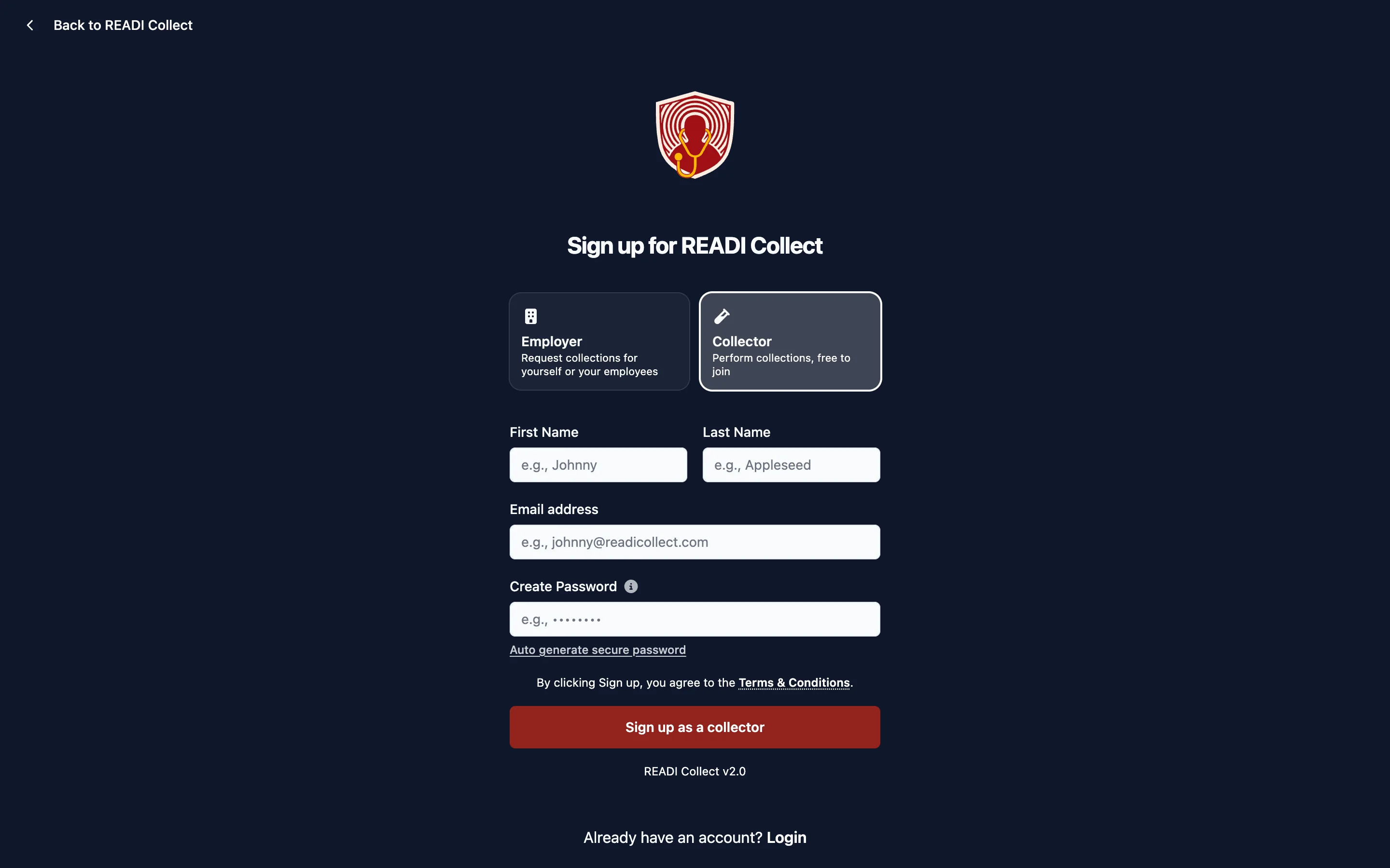 Click Collector, then fill in your details
