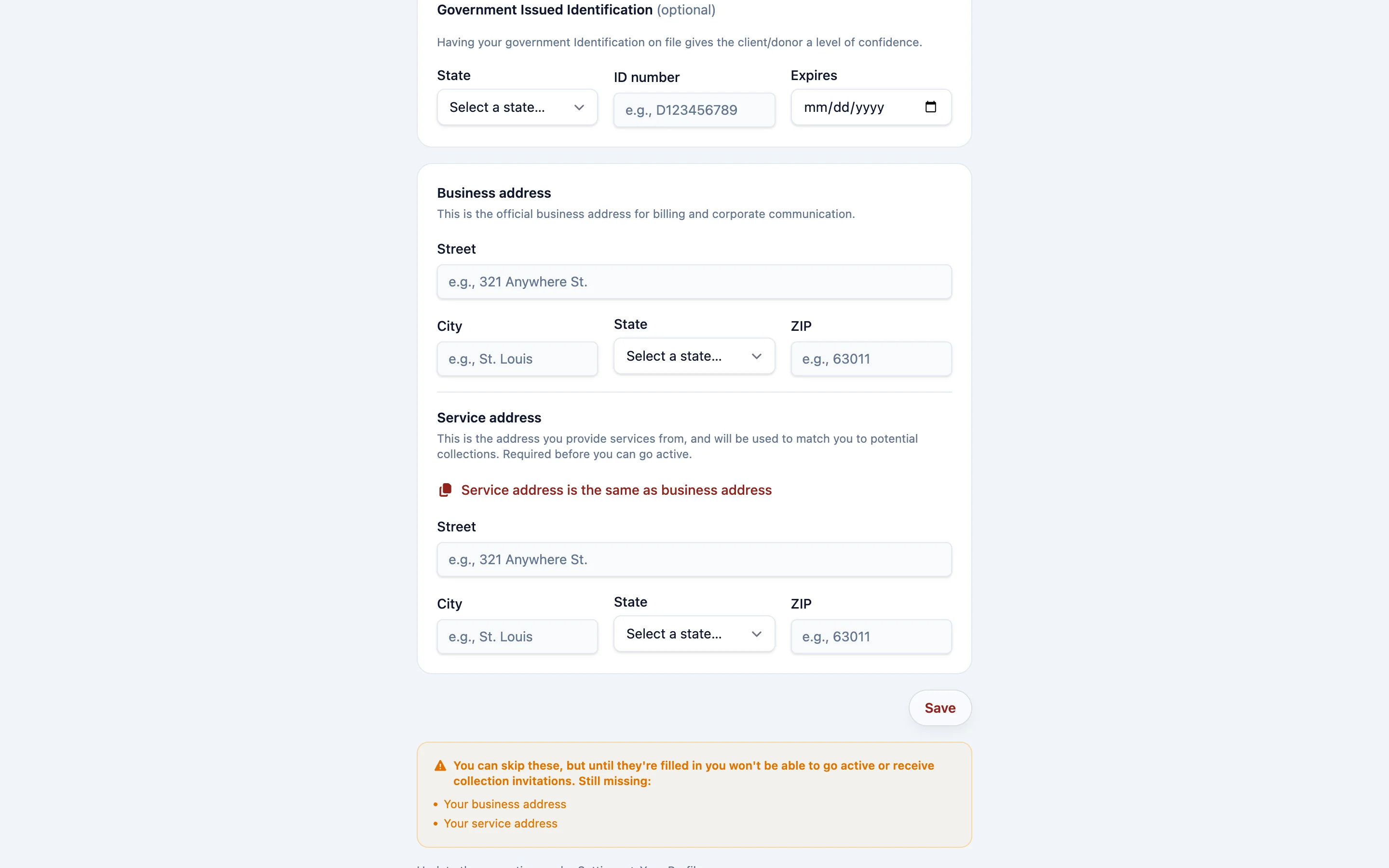 Enter your ID and your two addresses, then click Save