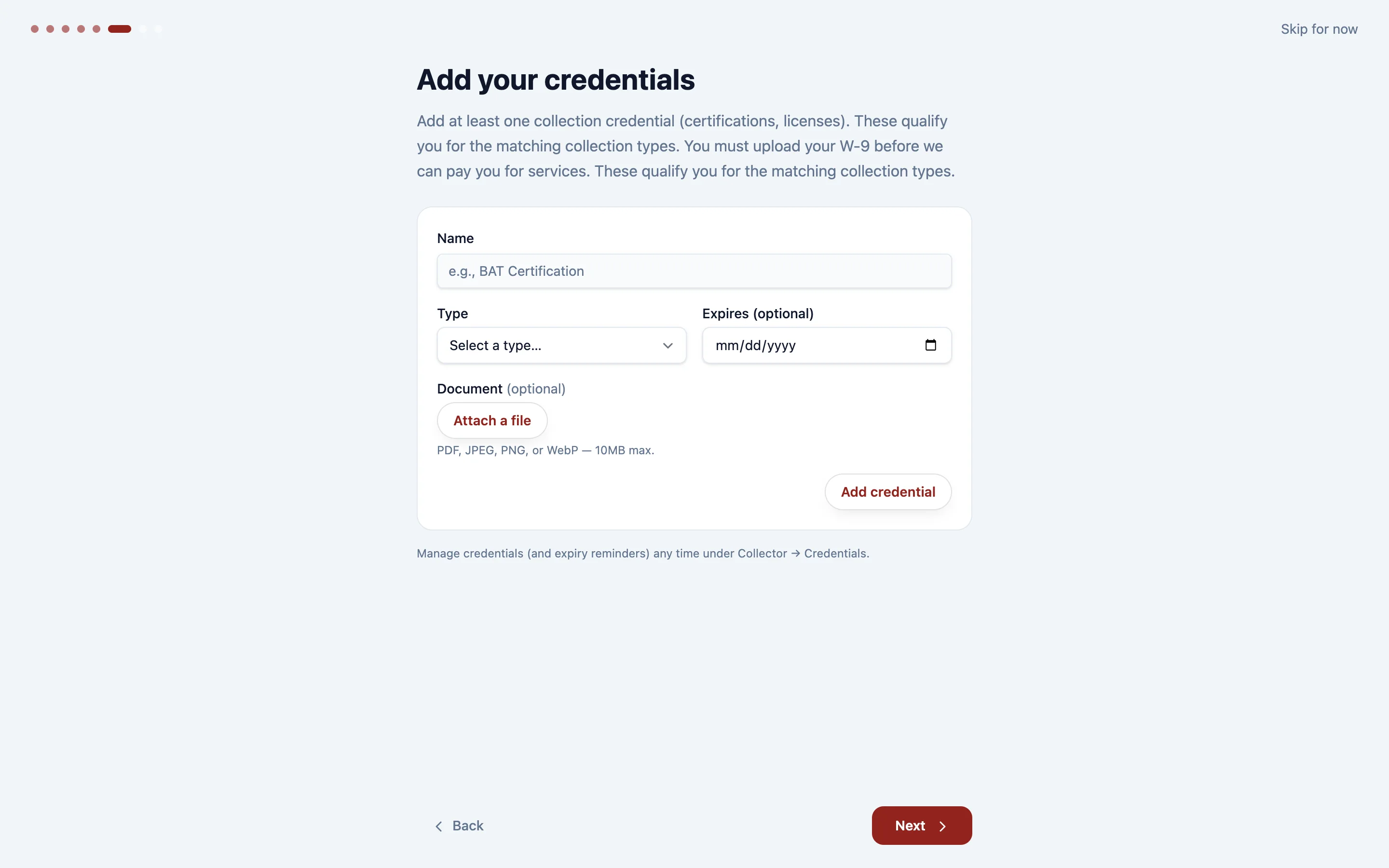 Add each credential you hold