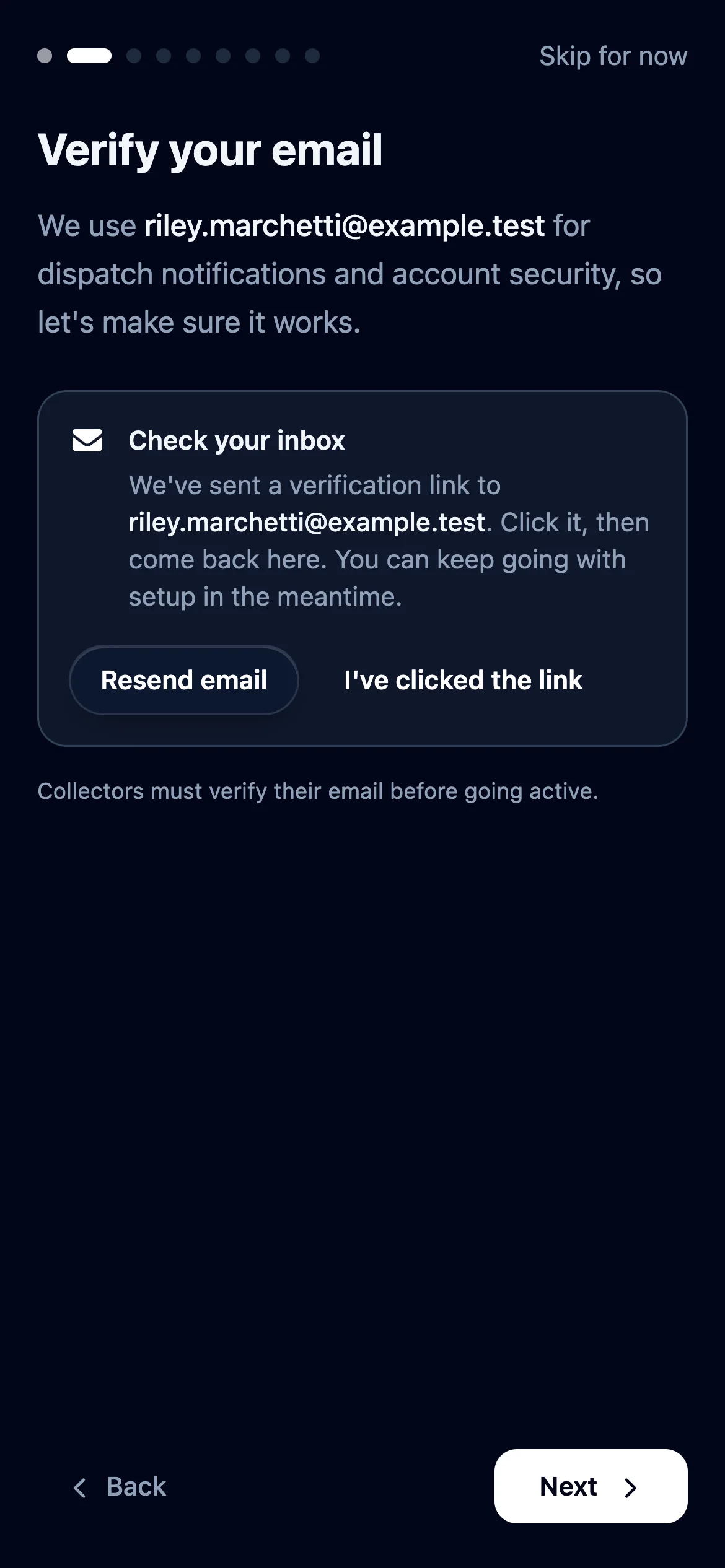 Open the verification email, click its link, then click I've clicked the link