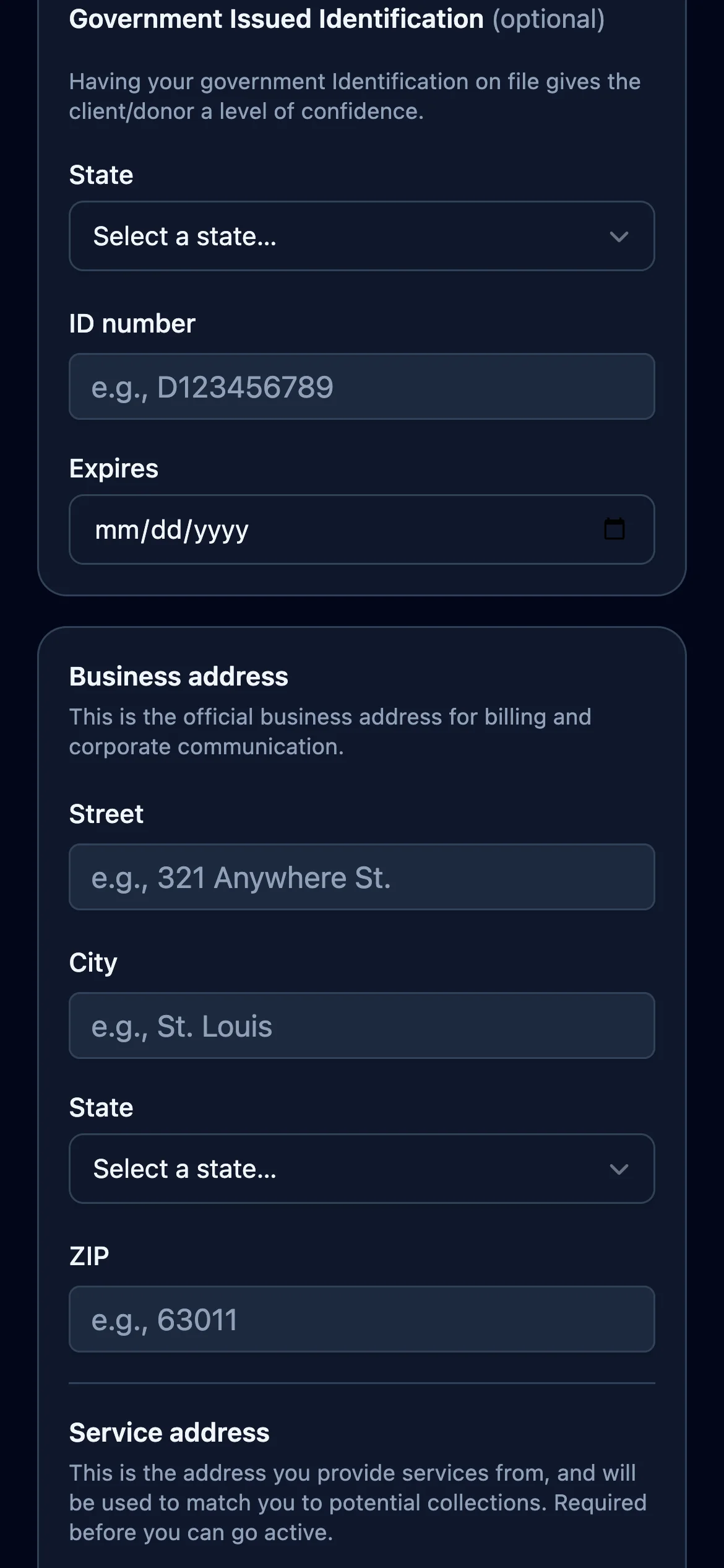 Enter your ID and your two addresses, then click Save