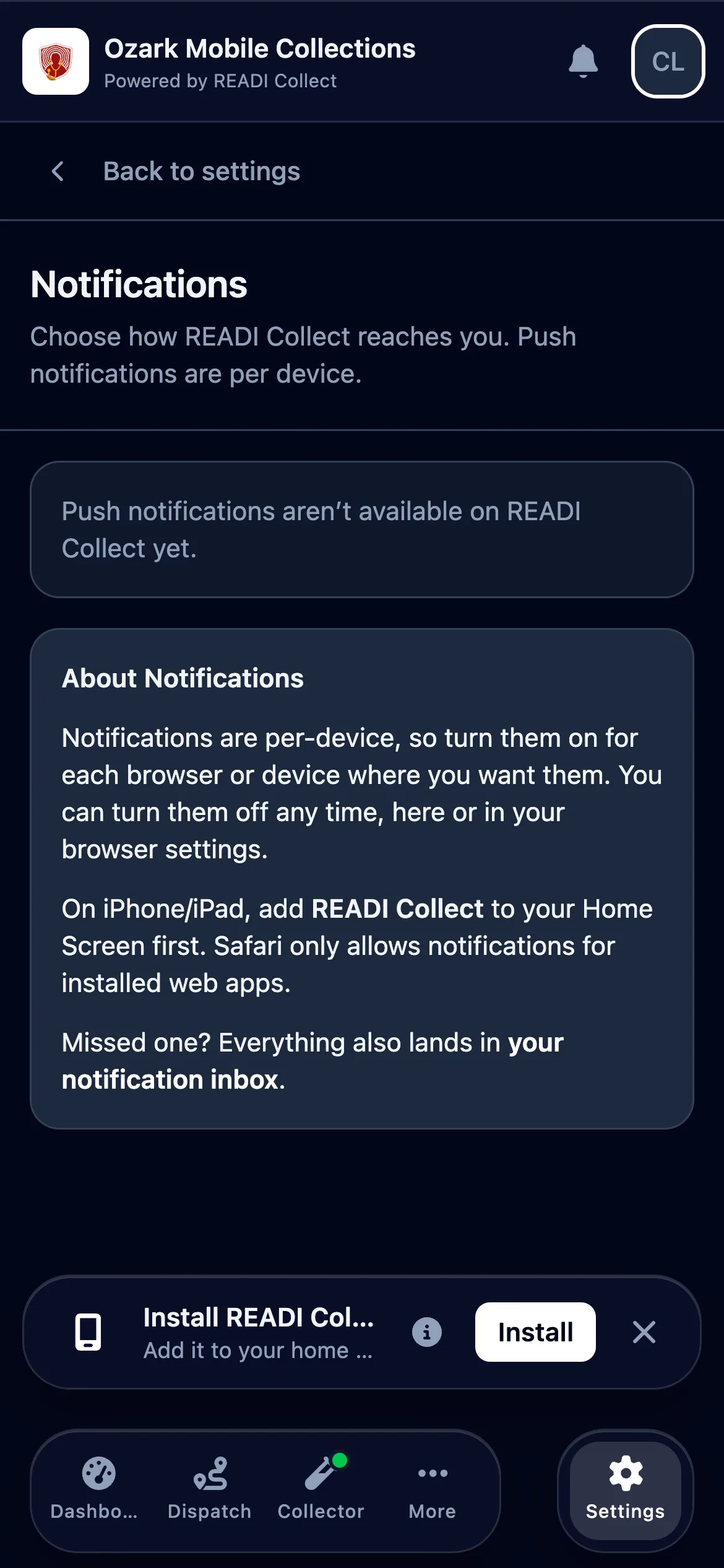 Check Settings, Notifications