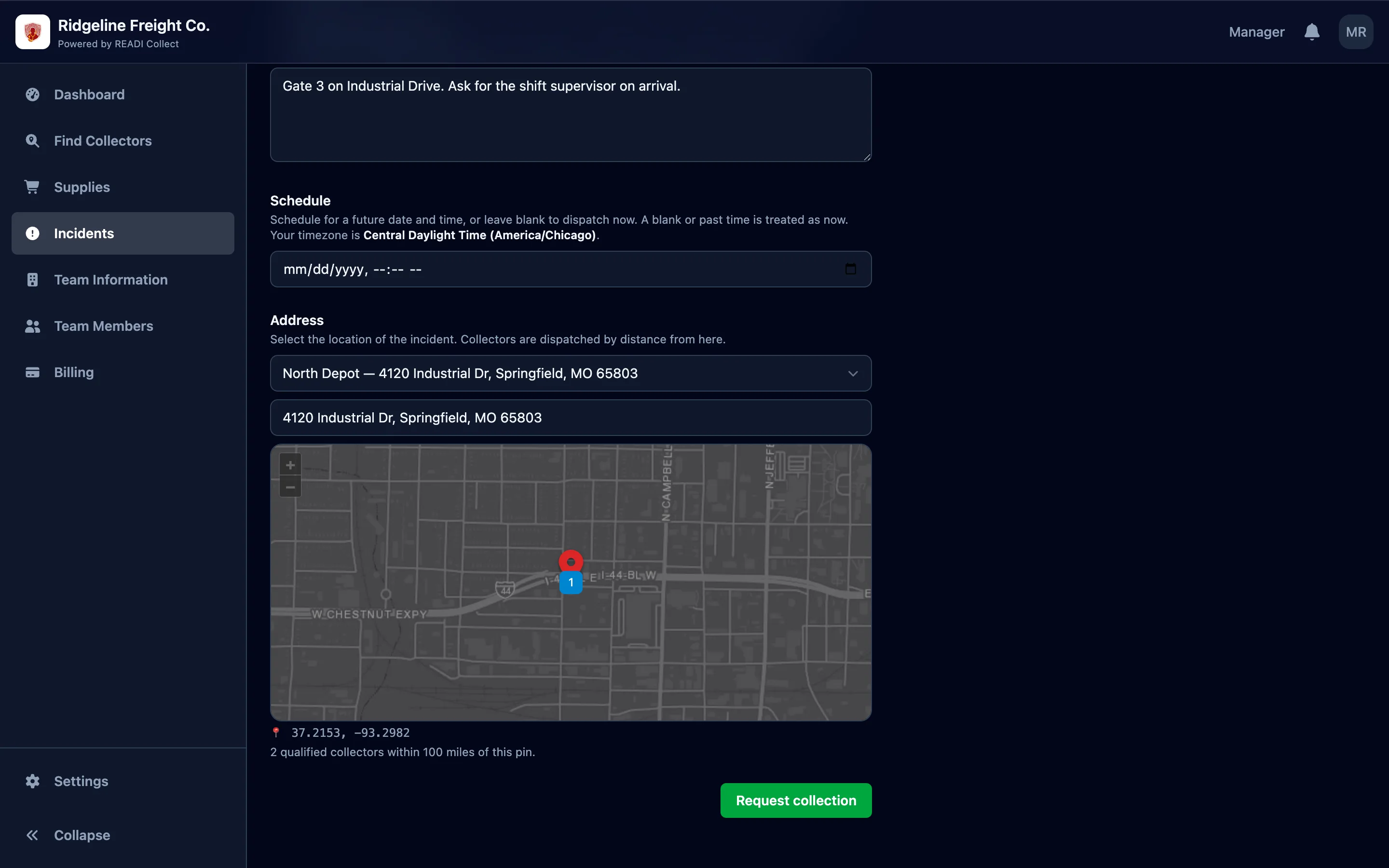 Set the location, then click Request collection