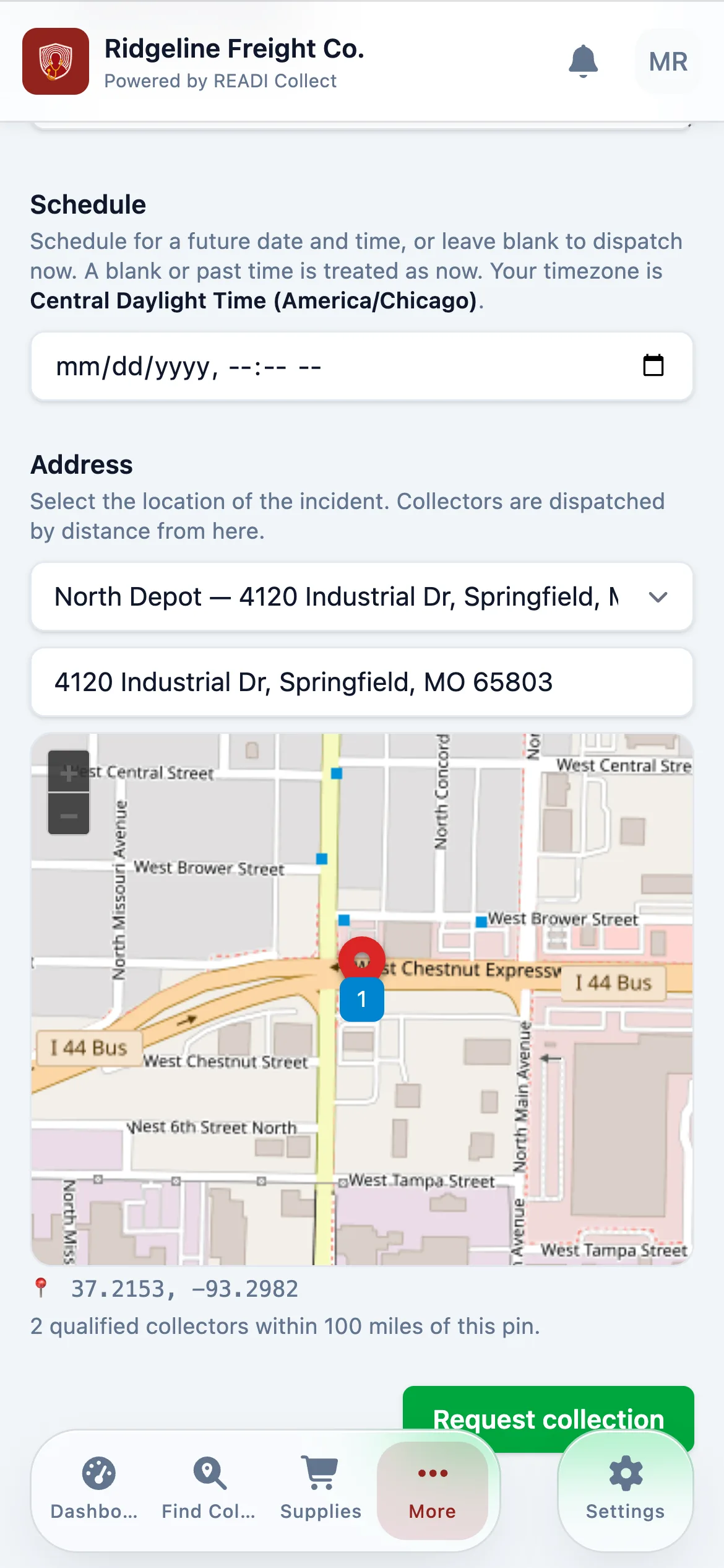 Set the location, then click Request collection