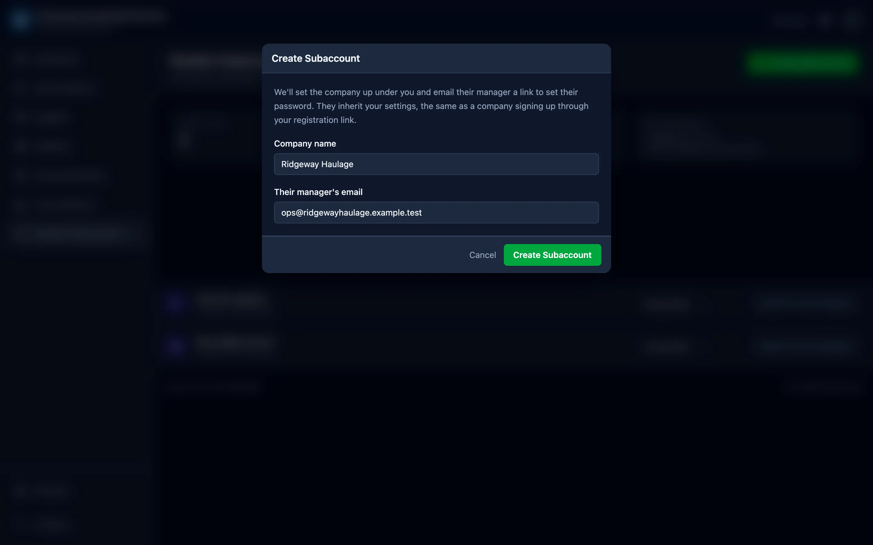 Enter the company name and their manager's email, then click Create Subaccount