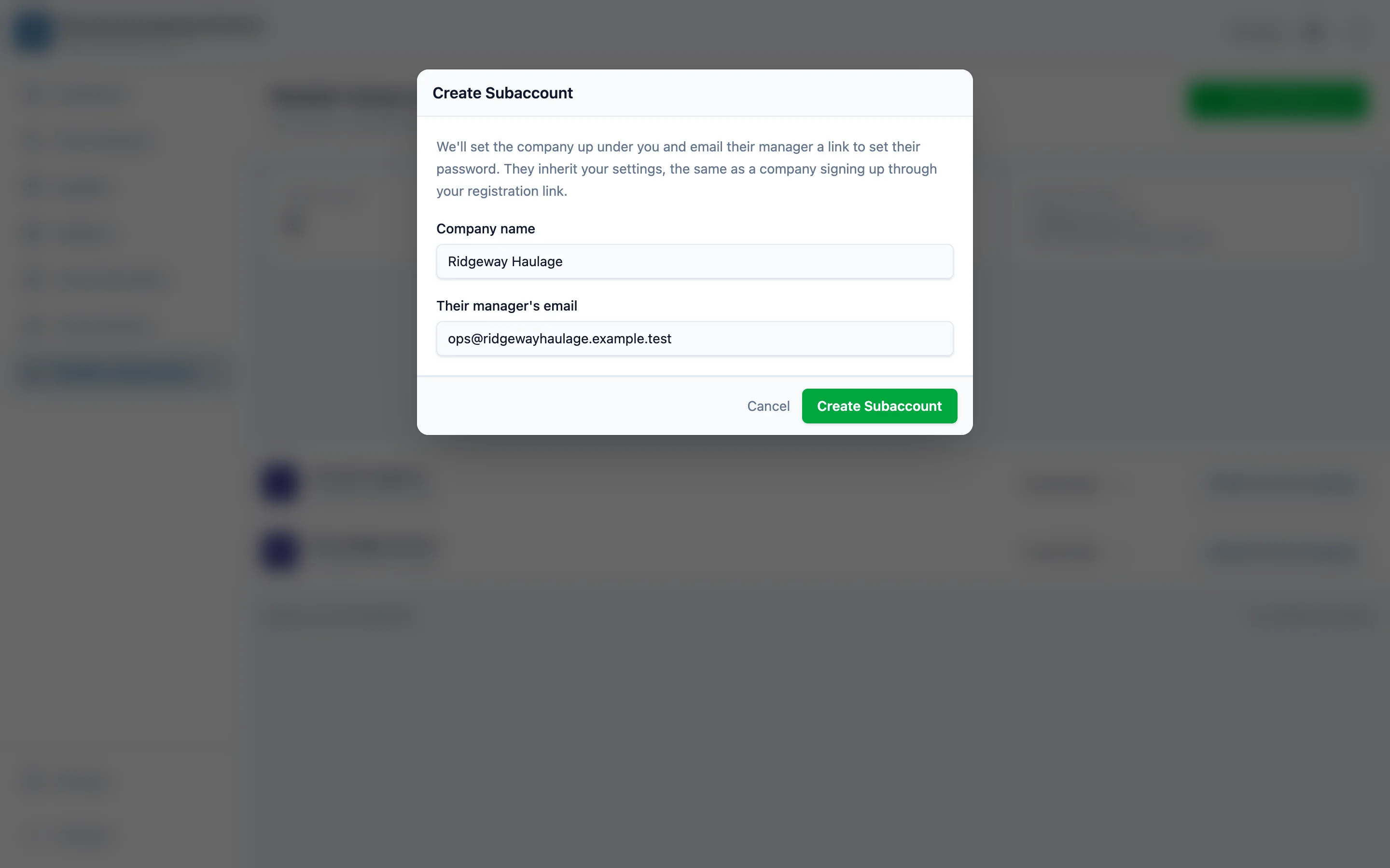 Enter the company name and their manager's email, then click Create Subaccount