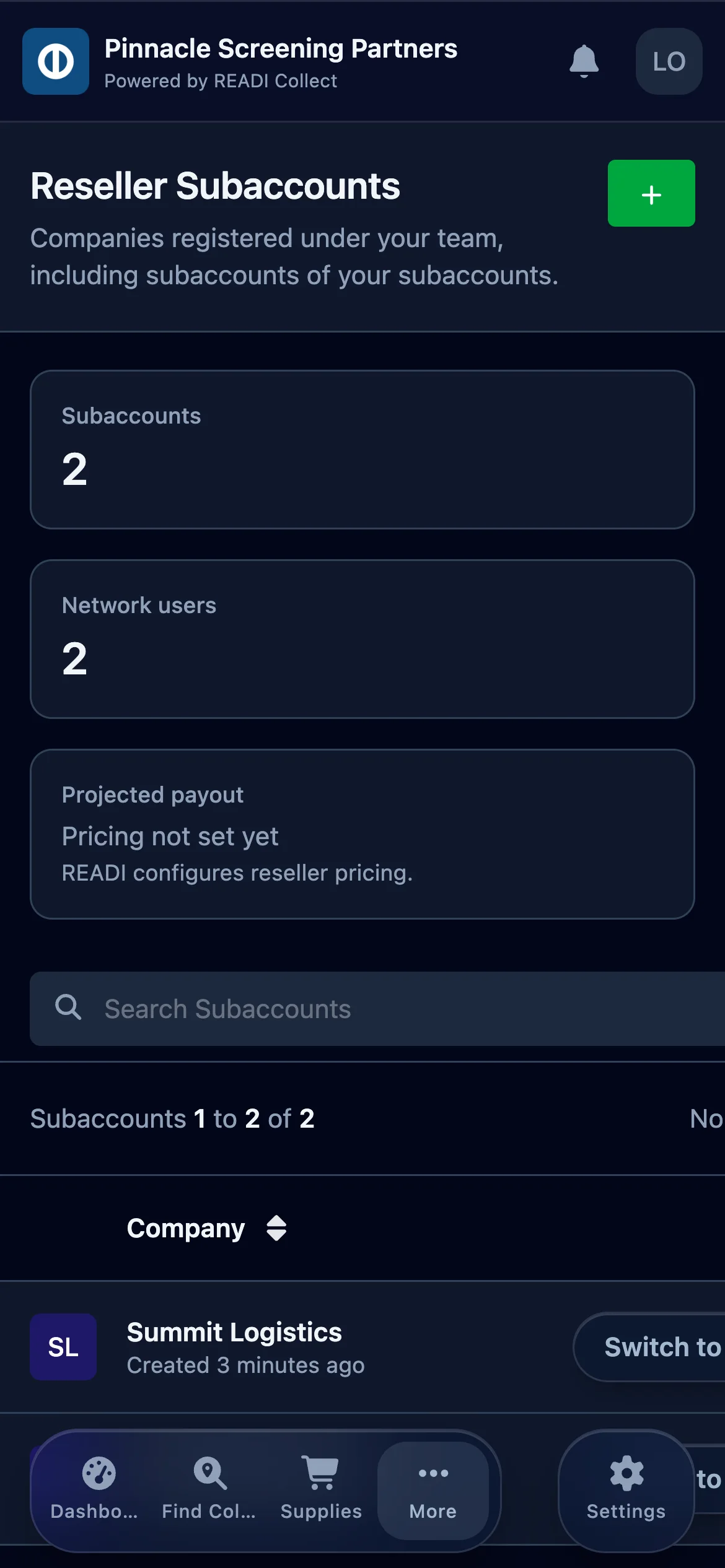 Enter the company name and their manager's email, then click Create Subaccount