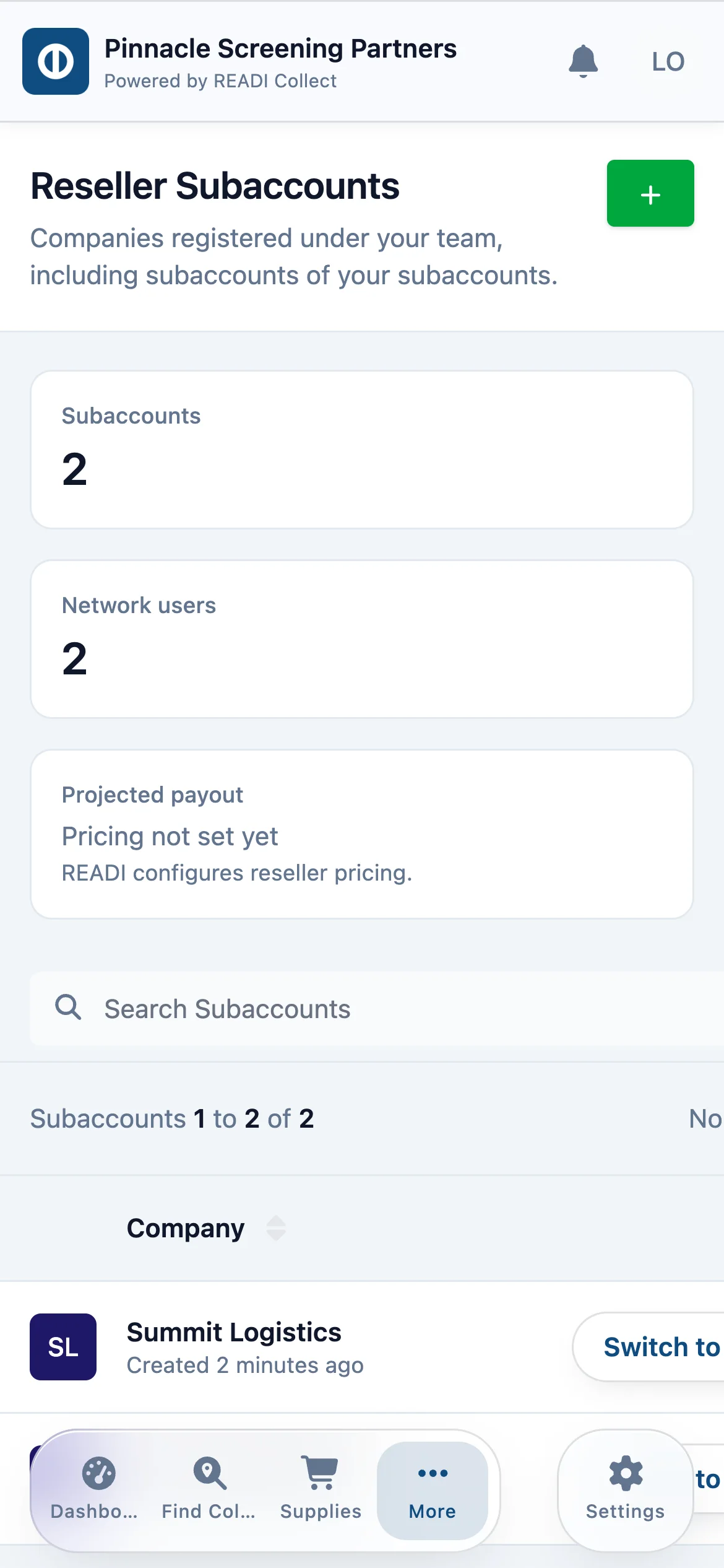 Enter the company name and their manager's email, then click Create Subaccount