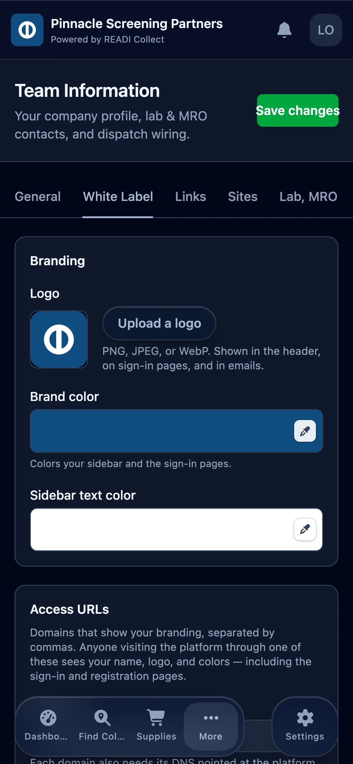 Upload a logo and pick your brand colour and sidebar text colour