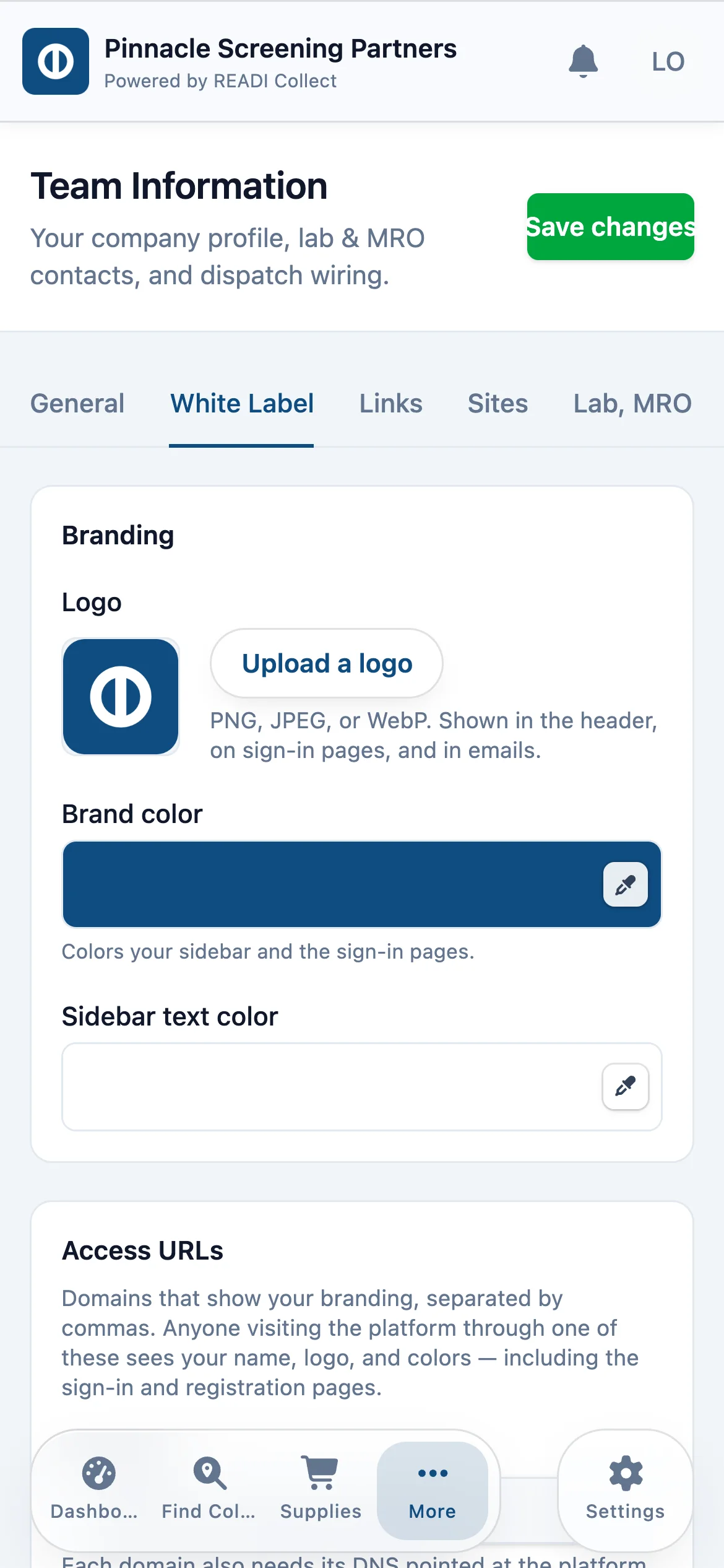 Upload a logo and pick your brand colour and sidebar text colour